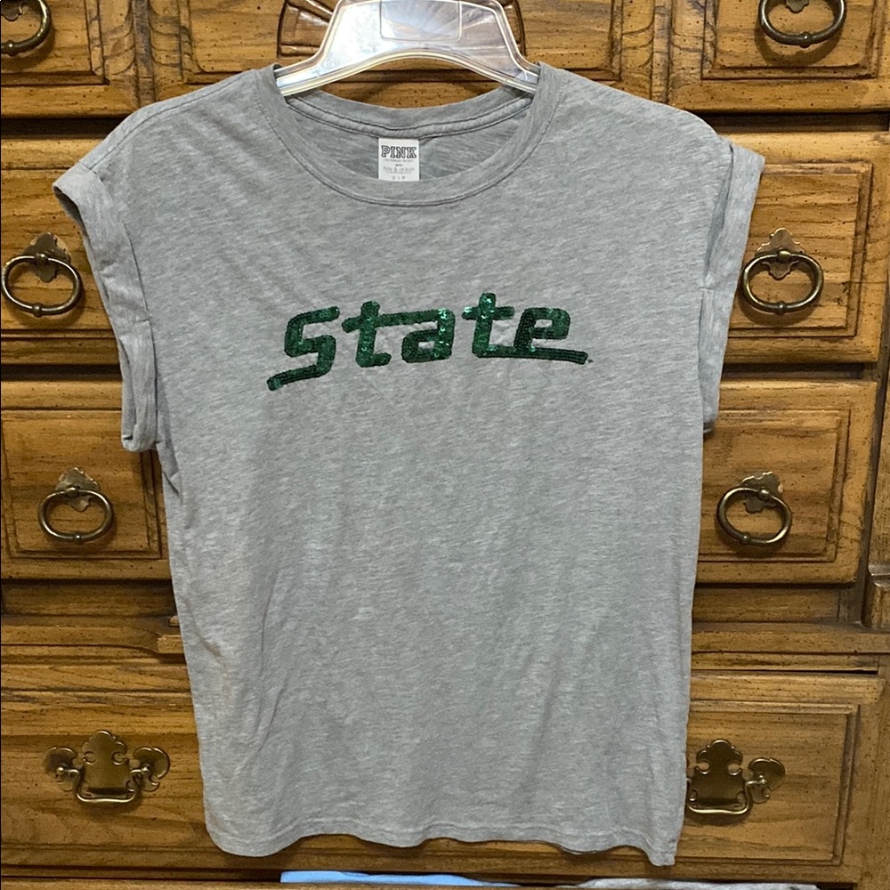 Pink Victoria's Secret T-Shirt with Green Sparkly “State” Print Gray Size Small